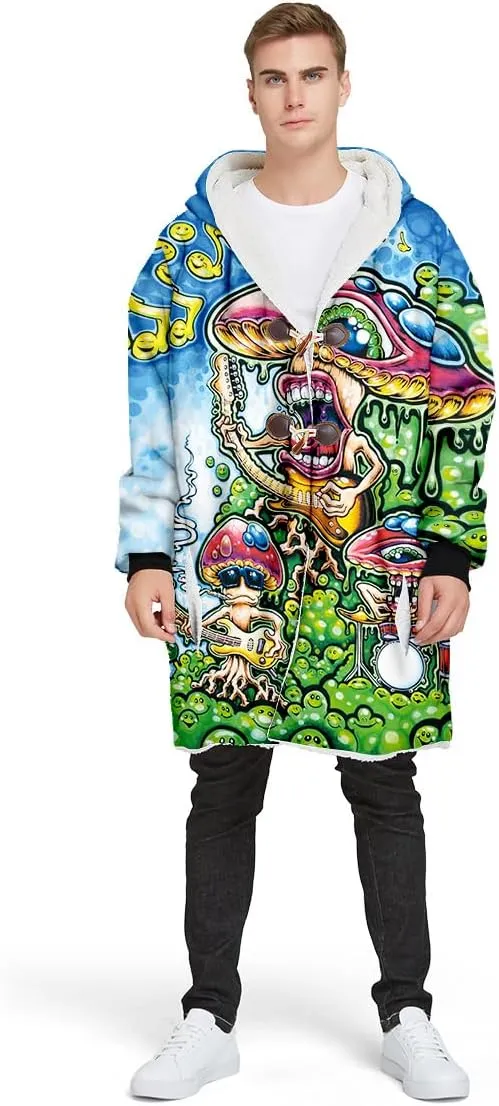 Thick Warm Hooded Cloak For Men Trippy Psychedelic Mushroom Fungus Overcoat Coat Windproof Fleece Jacket