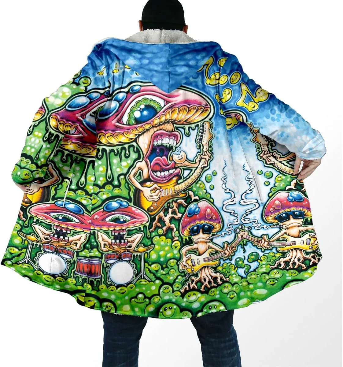 Thick Warm Hooded Cloak For Men Trippy Psychedelic Mushroom Fungus Overcoat Coat Windproof Fleece Jacket