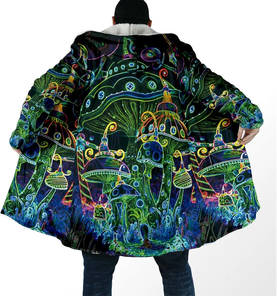 Thick Warm Hooded Cloak For Men Trippy Psychedelic Mushroom Fungus Overcoat Coat Windproof Fleece Jacket