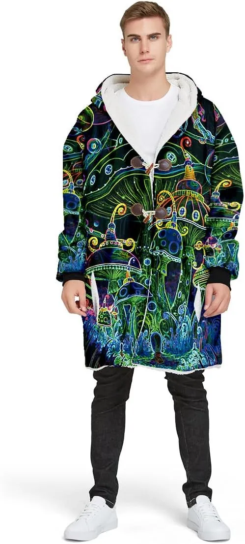 Thick Warm Hooded Cloak For Men Trippy Psychedelic Mushroom Fungus Overcoat Coat Windproof Fleece Jacket