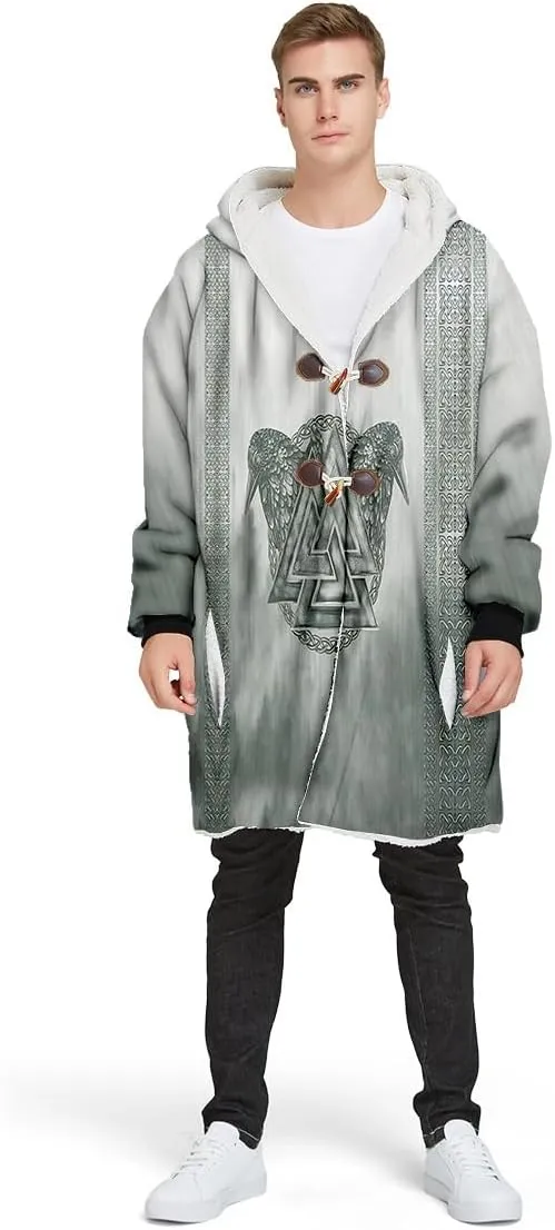 Thick Warm Hooded Cloak For Men Viking Wolf And Rave Tattoo Overcoat Windproof Fleece Jacket