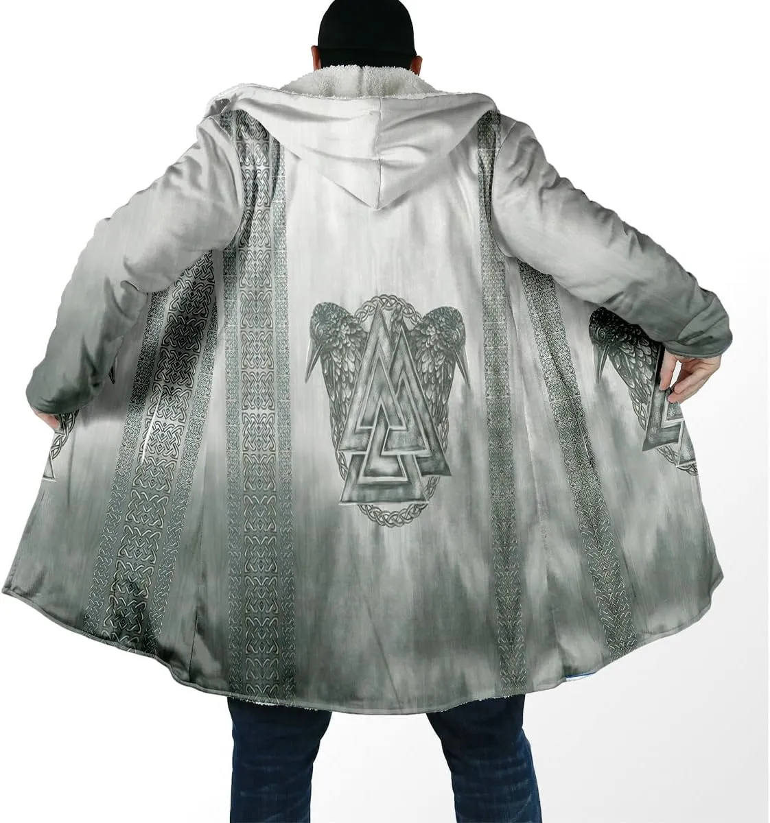 Thick Warm Hooded Cloak For Men Viking Wolf And Rave Tattoo Overcoat Windproof Fleece Jacket