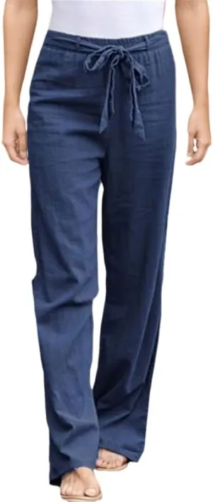 TIAFORD Women's Casual Cotton Linen Floral Print Elastic Waist Beach Pants Loose Wide Leg Drawstring Trousers with Pockets