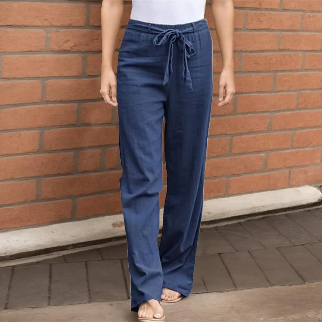 TIAFORD Women's Casual Cotton Linen Floral Print Elastic Waist Beach Pants Loose Wide Leg Drawstring Trousers with Pockets