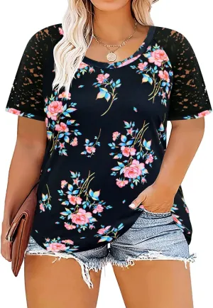 TIYOMI Plus Size Tops for Women Short Sleeve Color Block Raglan Sexy V Neck Shirts Tunic Spring Summer XL-5XL 14W-28W
