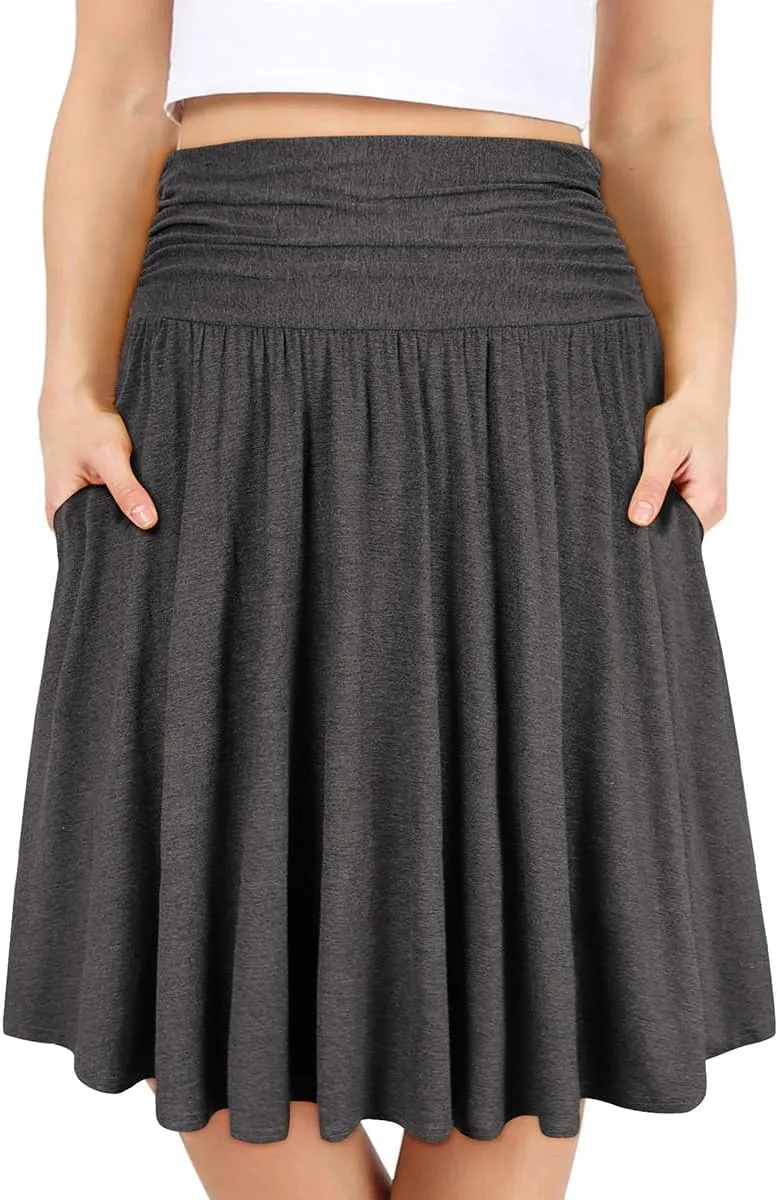 TIYOMI Women Plus Size Skirts Stretchy Elastic Waist Midi Skirt Pleated Knee-Length Modal Fabric Swing A Line Hem Plain Solid Color Spring Summer Skater Skirt Grey XL