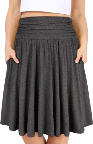 TIYOMI Women Plus Size Skirts Stretchy Elastic Waist Midi Skirt Pleated Knee-Length Modal Fabric Swing A Line Hem Plain Solid Color Spring Summer Skater Skirt Grey XL