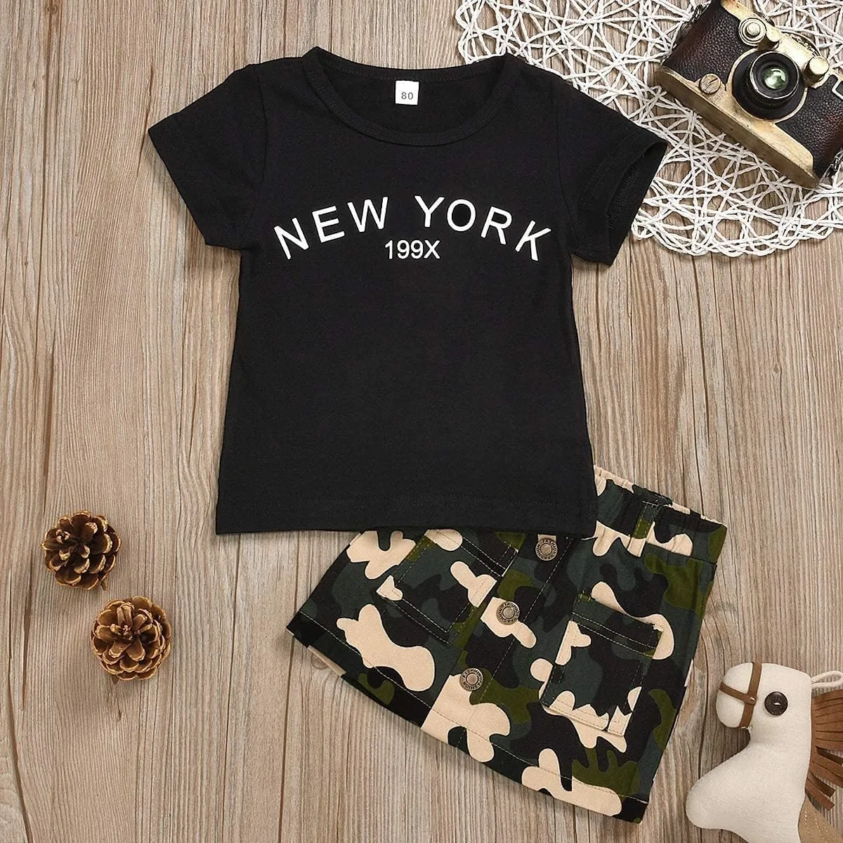 Toddler Baby Girls Camouflage Outfit Black Letter Tops Shirt   Denim Skirt Dress Shorts Summer Two Piece Clothes Set