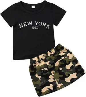 Toddler Baby Girls Camouflage Outfit Black Letter Tops Shirt   Denim Skirt Dress Shorts Summer Two Piece Clothes Set