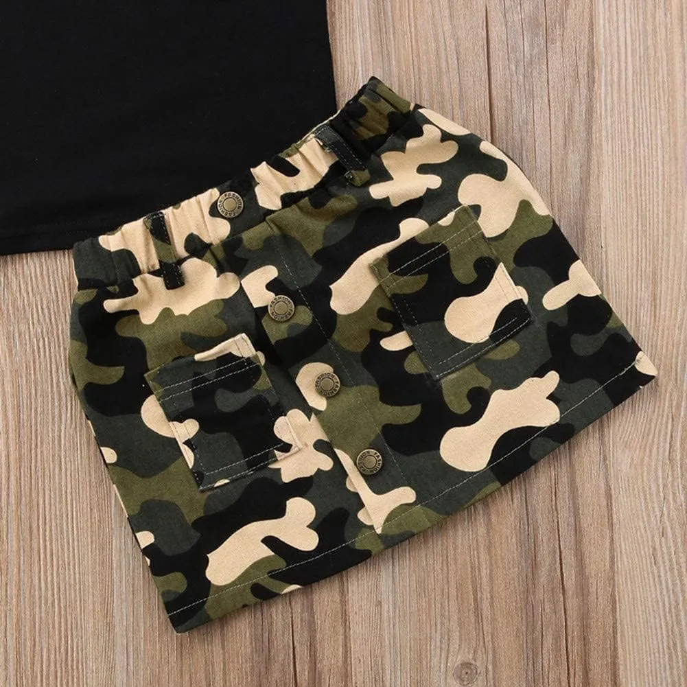 Toddler Baby Girls Camouflage Outfit Black Letter Tops Shirt   Denim Skirt Dress Shorts Summer Two Piece Clothes Set