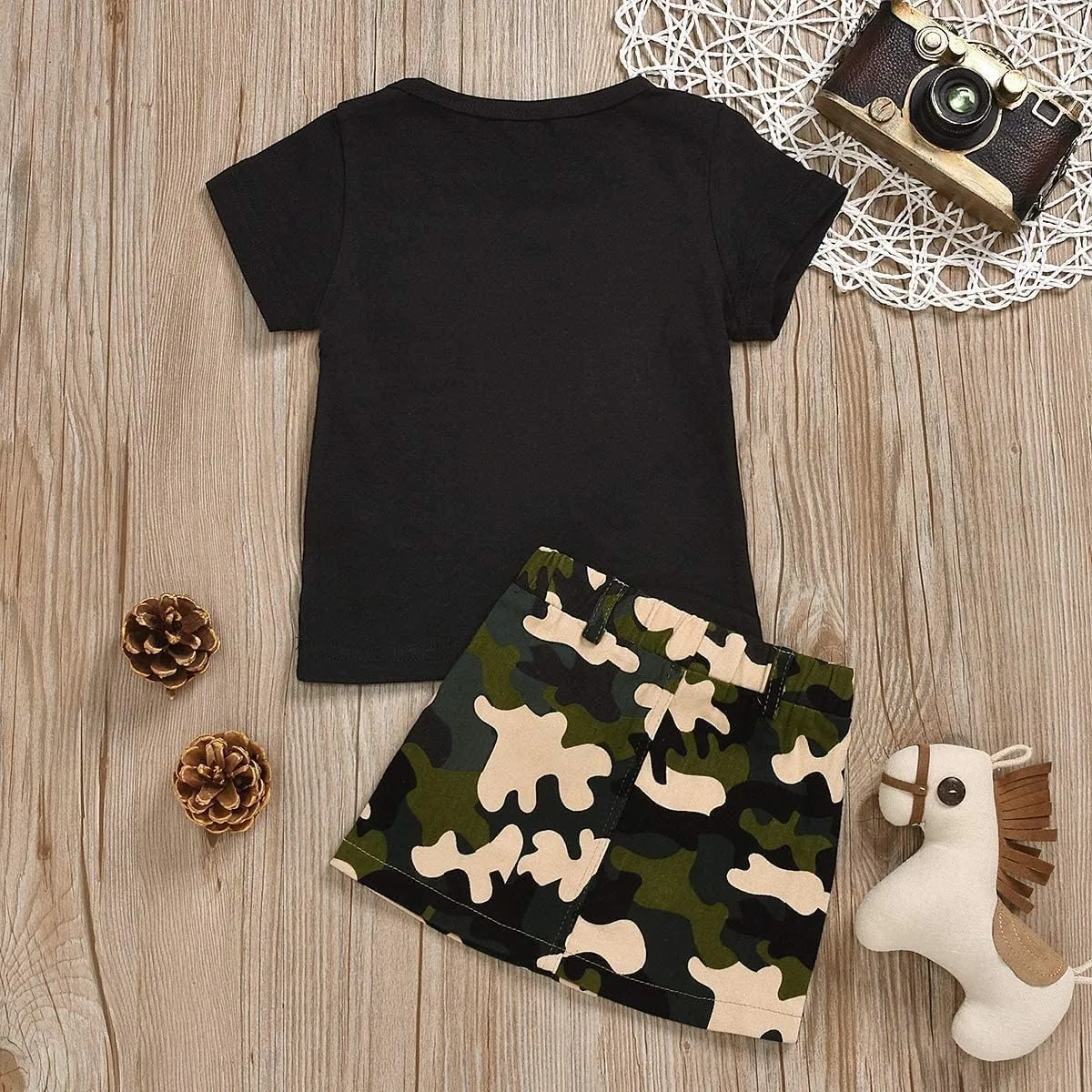 Toddler Baby Girls Camouflage Outfit Black Letter Tops Shirt   Denim Skirt Dress Shorts Summer Two Piece Clothes Set