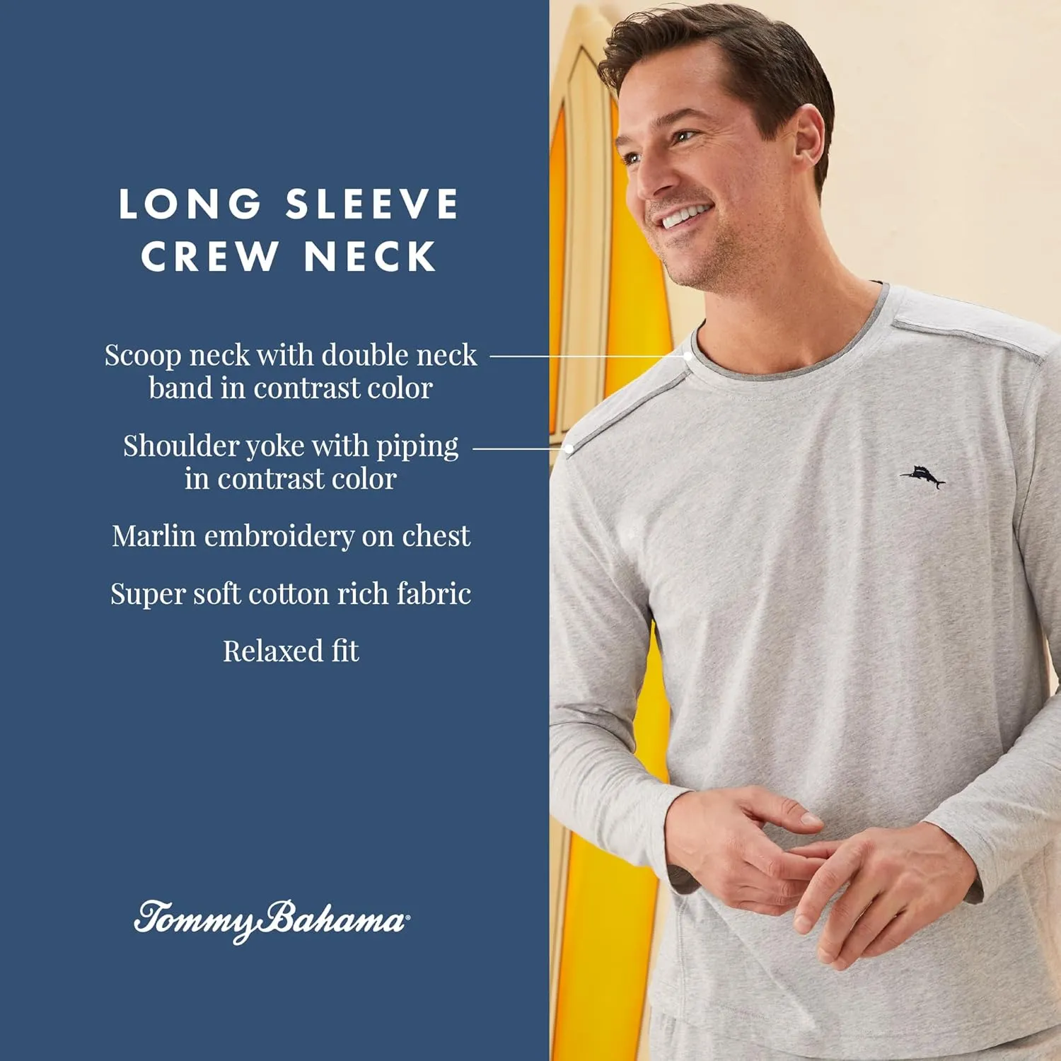 Tommy Bahama - Men's Essential T Shirt, Long Sleeve Crew Neck Cotton Blend Top for Sleep or Lounge