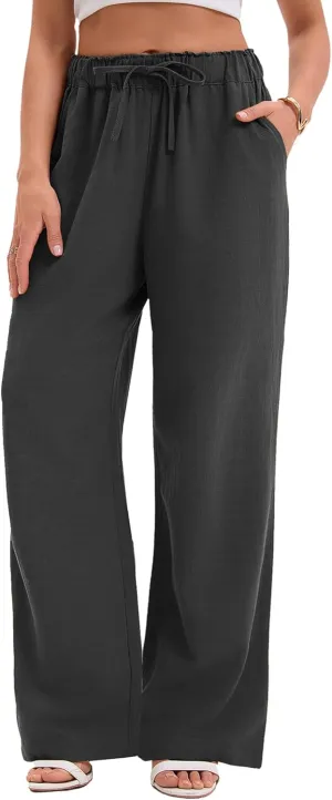 TONCHENGSD Women's Linen Drawstring Elastic Waist Wide Leg Pants with Pockets