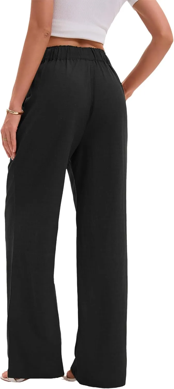 TONCHENGSD Women's Linen Drawstring Elastic Waist Wide Leg Pants with Pockets
