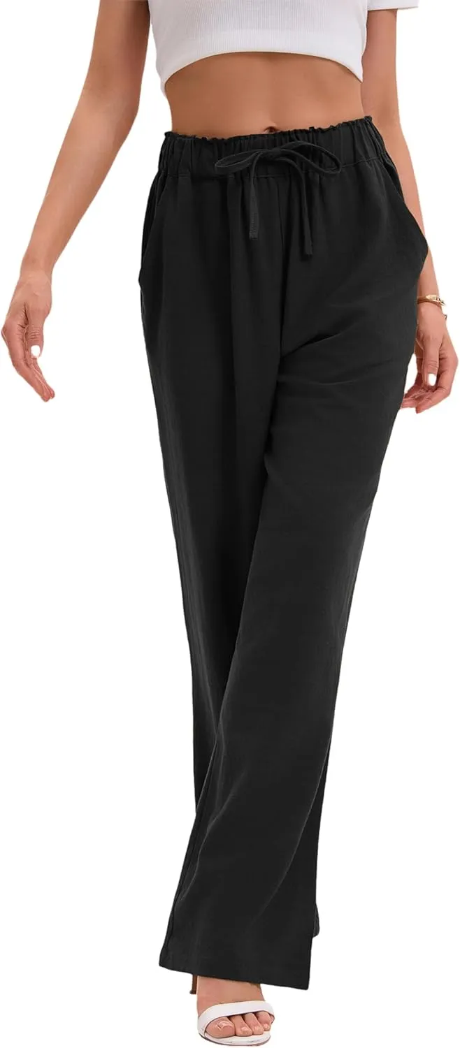TONCHENGSD Women's Linen Drawstring Elastic Waist Wide Leg Pants with Pockets