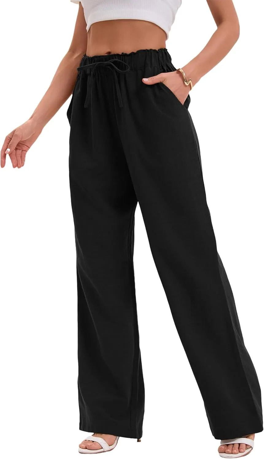 TONCHENGSD Women's Linen Drawstring Elastic Waist Wide Leg Pants with Pockets