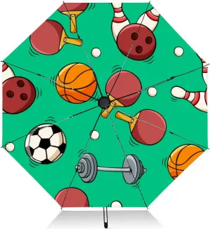 Travel Umbrella for Rain Windproof Hand drawn ping pong rackets and ball dumbbell bowling ball and pins Automatic Cute Portable Compact Umbrella for Women Purse Backpack Car Black Sun UV Protection