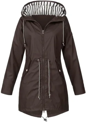 Trench Coat Women Mid Length Zip Up Windproof Rain Jacket Hooded Drawstring Waterproof Jacket with Zipper Pockets