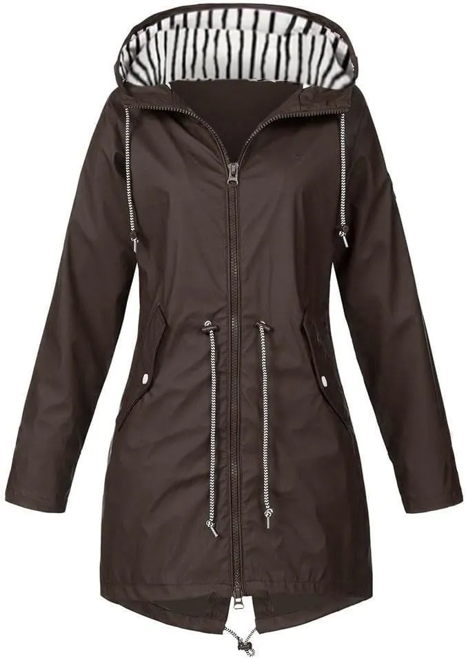 Trench Coat Women Mid Length Zip Up Windproof Rain Jacket Hooded Drawstring Waterproof Jacket with Zipper Pockets