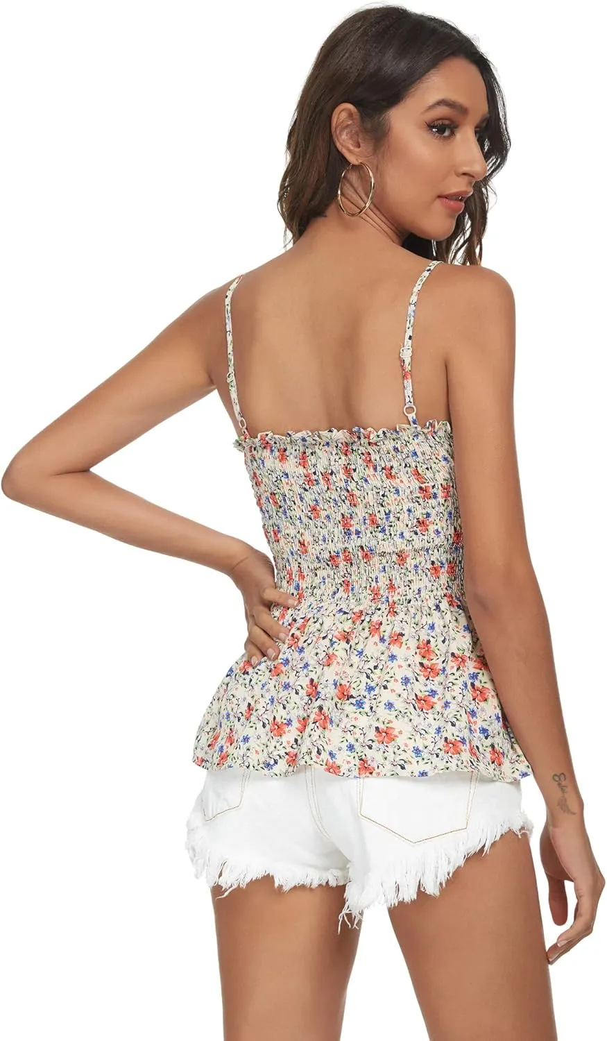 Tribear Women's Casual Frill Smocked Cami Tank Tops Floral Shoulder Strap Vest