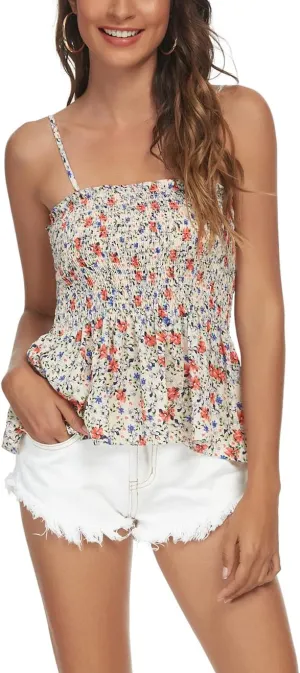 Tribear Women's Casual Frill Smocked Cami Tank Tops Floral Shoulder Strap Vest