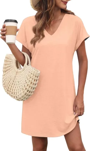 Tshirt Dress Women V Neck Short Sleeve Shift Mini Dresses Summer Loose Fit Dressy Casual Beach Vacation Short Dress