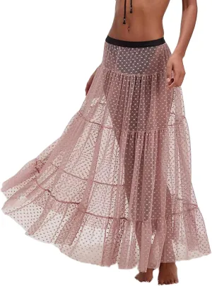 UAURORAO Women Tulle Slip Maxi Skirt Ruffle Heart Print Sheer Mesh Slip Skirt See Through Long Underskirt