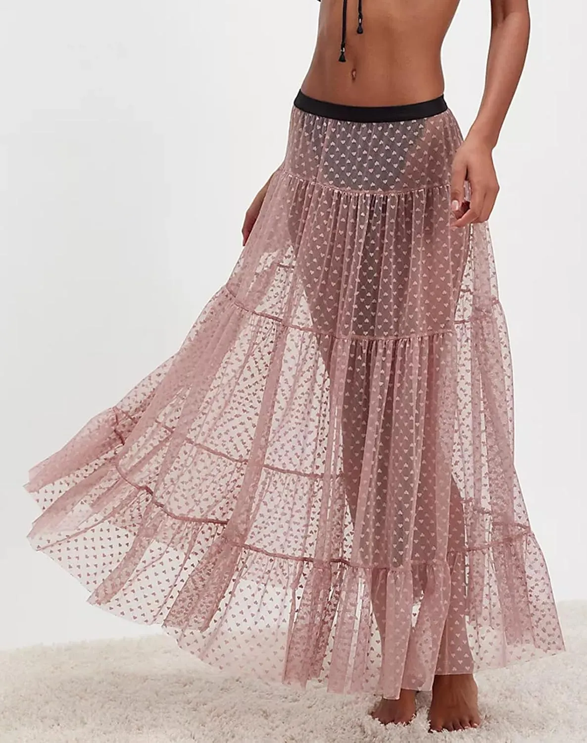 UAURORAO Women Tulle Slip Maxi Skirt Ruffle Heart Print Sheer Mesh Slip Skirt See Through Long Underskirt