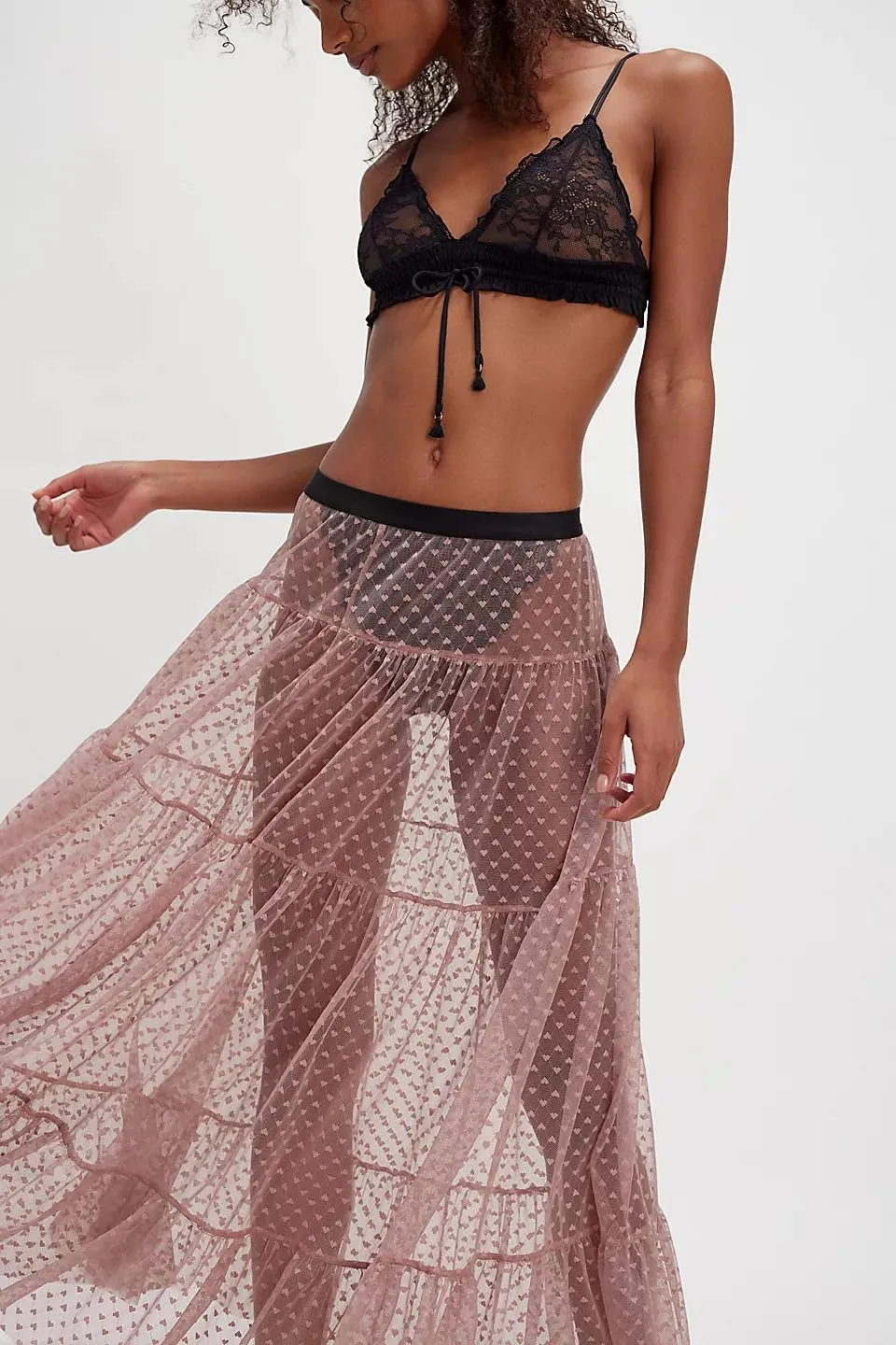 UAURORAO Women Tulle Slip Maxi Skirt Ruffle Heart Print Sheer Mesh Slip Skirt See Through Long Underskirt