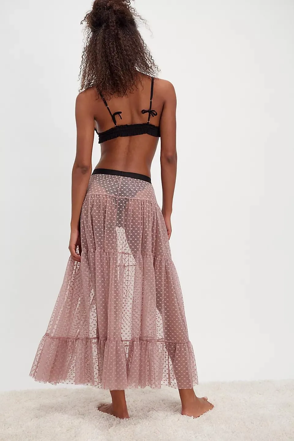 UAURORAO Women Tulle Slip Maxi Skirt Ruffle Heart Print Sheer Mesh Slip Skirt See Through Long Underskirt