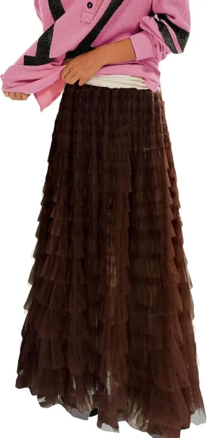 UAURORAO Women Tulle Slip Maxi Skirt Ruffle Pleated Lace Slip Skirt See Through Underskirt Layered Tutu Skirt Petticoat