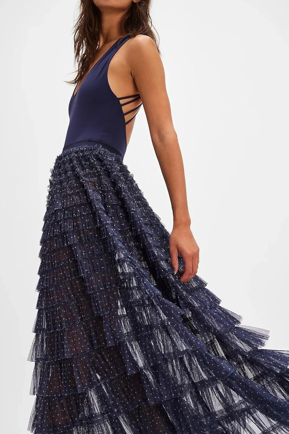 UAURORAO Women Tulle Slip Maxi Skirt Ruffle Pleated Lace Slip Skirt See Through Underskirt Layered Tutu Skirt Petticoat