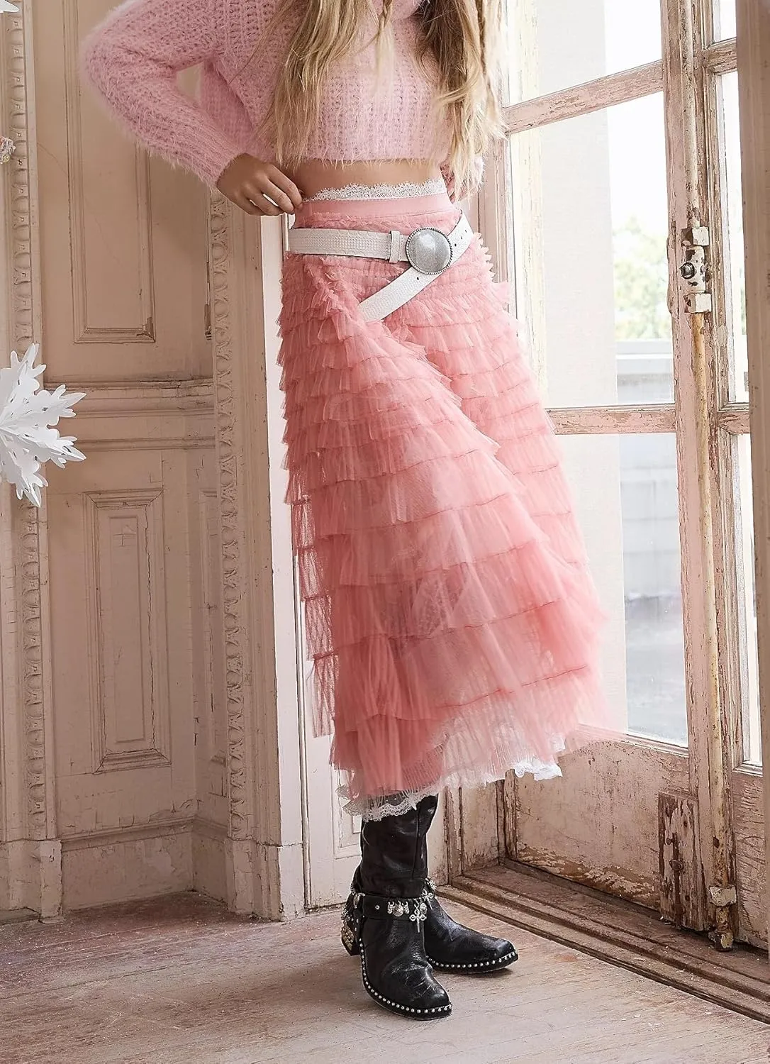 UAURORAO Women Tulle Slip Maxi Skirt Ruffle Pleated Lace Slip Skirt See Through Underskirt Layered Tutu Skirt Petticoat