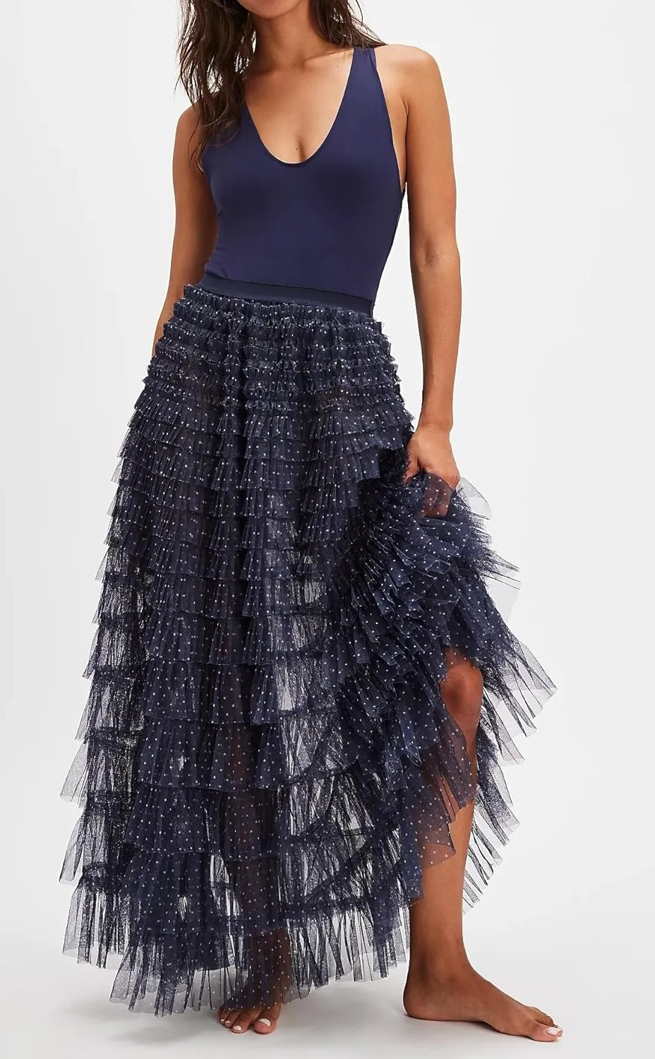 UAURORAO Women Tulle Slip Maxi Skirt Ruffle Pleated Lace Slip Skirt See Through Underskirt Layered Tutu Skirt Petticoat