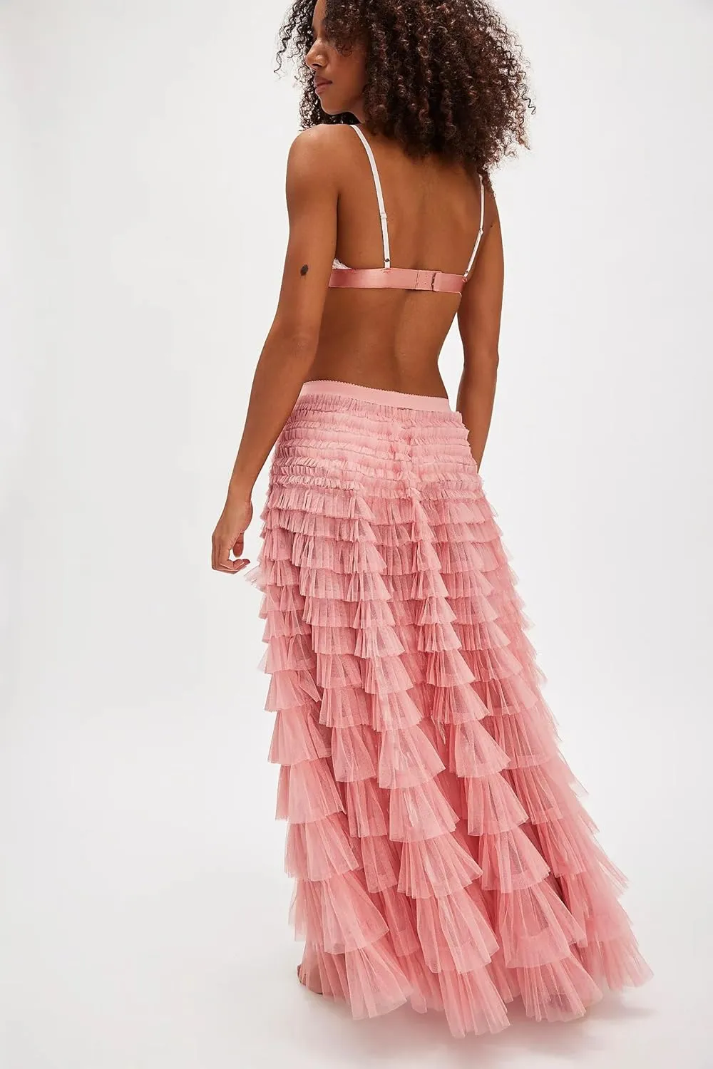 UAURORAO Women Tulle Slip Maxi Skirt Ruffle Pleated Lace Slip Skirt See Through Underskirt Layered Tutu Skirt Petticoat