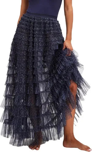 UAURORAO Women Tulle Slip Maxi Skirt Ruffle Pleated Lace Slip Skirt See Through Underskirt Layered Tutu Skirt Petticoat
