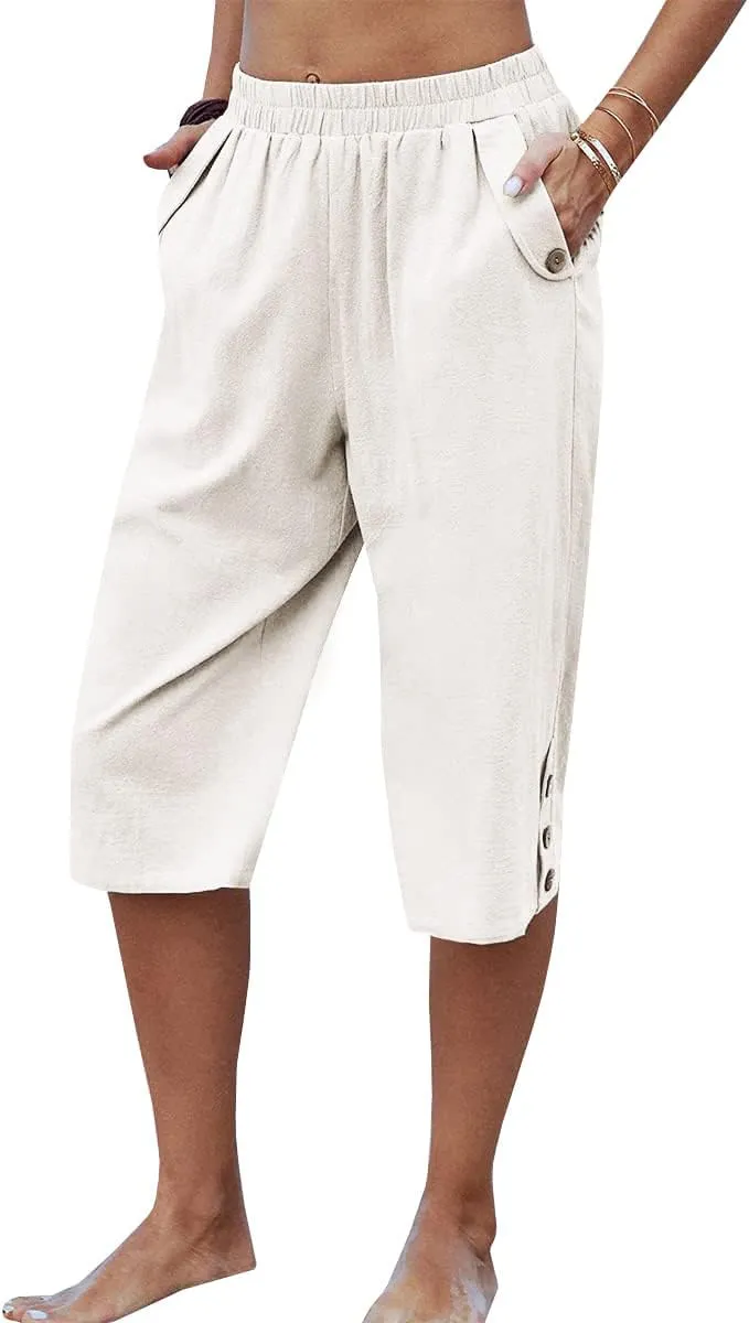 Veatzaer Women's Elastic Waist 3/4 Capri Harem Pants with Pockets Casual Loose Solid Yoga Trousers S-XXL
