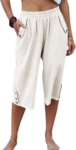 Veatzaer Women's Elastic Waist 3/4 Capri Harem Pants with Pockets Casual Loose Solid Yoga Trousers S-XXL