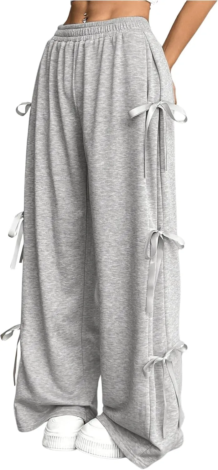 Verdusa Women's Bow Wide Leg Sweatpants Elastic Waist Casual Baggy Pants with Pocket
