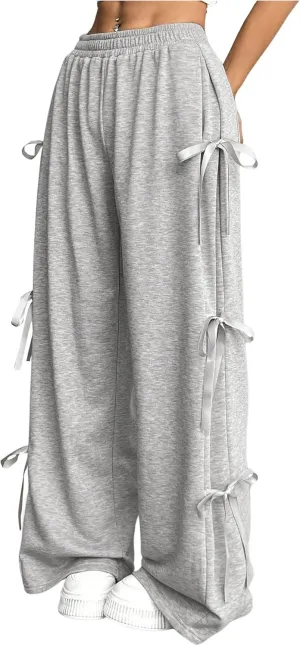 Verdusa Women's Bow Wide Leg Sweatpants Elastic Waist Casual Baggy Pants with Pocket