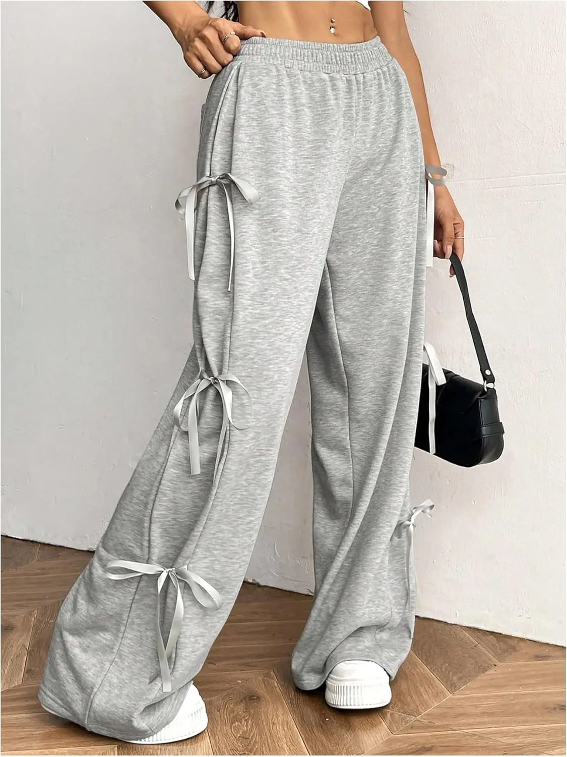 Verdusa Women's Bow Wide Leg Sweatpants Elastic Waist Casual Baggy Pants with Pocket