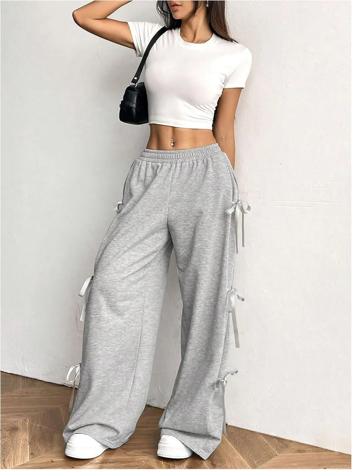 Verdusa Women's Bow Wide Leg Sweatpants Elastic Waist Casual Baggy Pants with Pocket
