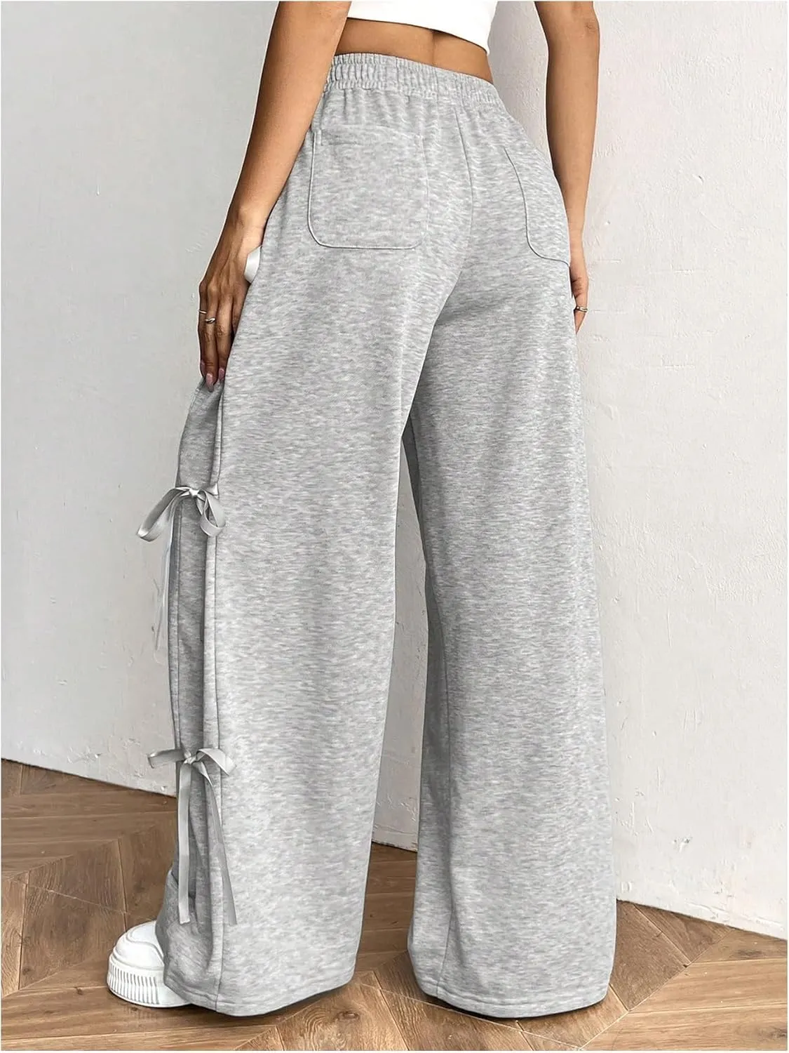 Verdusa Women's Bow Wide Leg Sweatpants Elastic Waist Casual Baggy Pants with Pocket