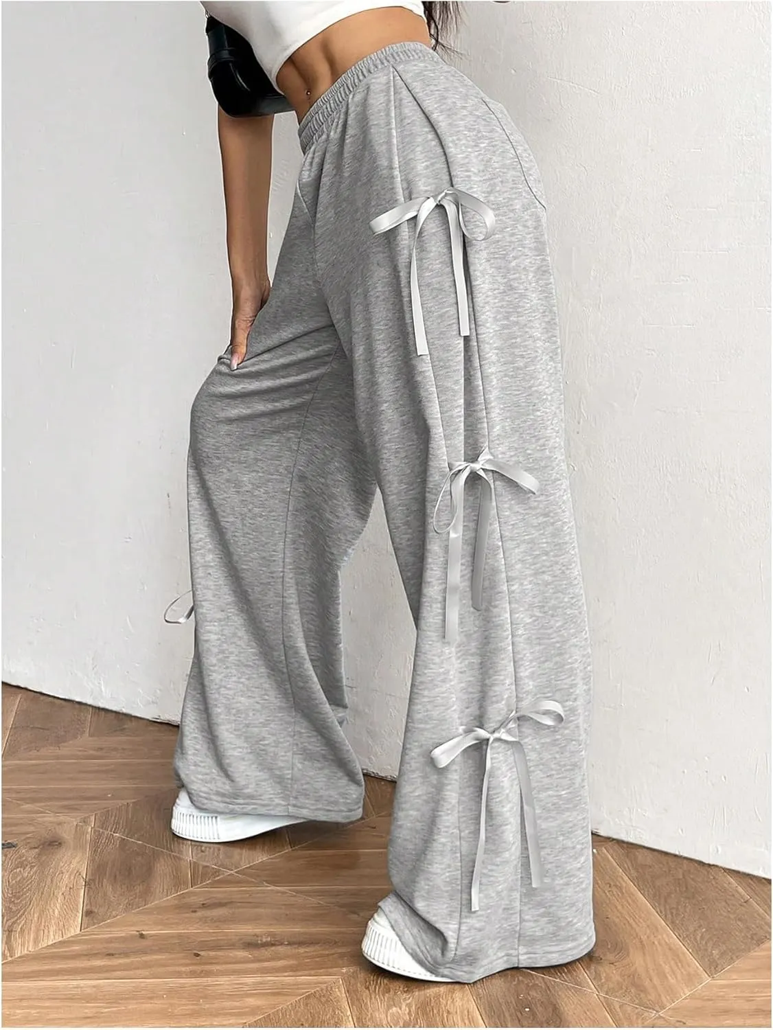 Verdusa Women's Bow Wide Leg Sweatpants Elastic Waist Casual Baggy Pants with Pocket