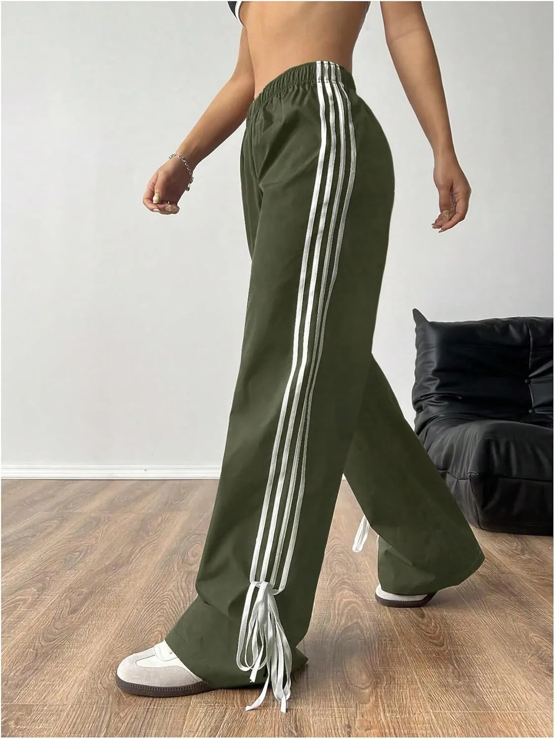 Verdusa Women's Loose Wide Leg Pants Tie Side Striped Elastic Waist Trousers