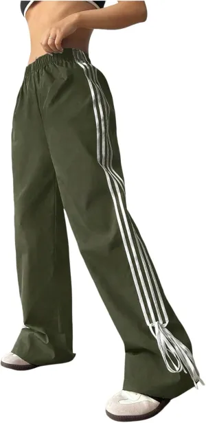 Verdusa Women's Loose Wide Leg Pants Tie Side Striped Elastic Waist Trousers