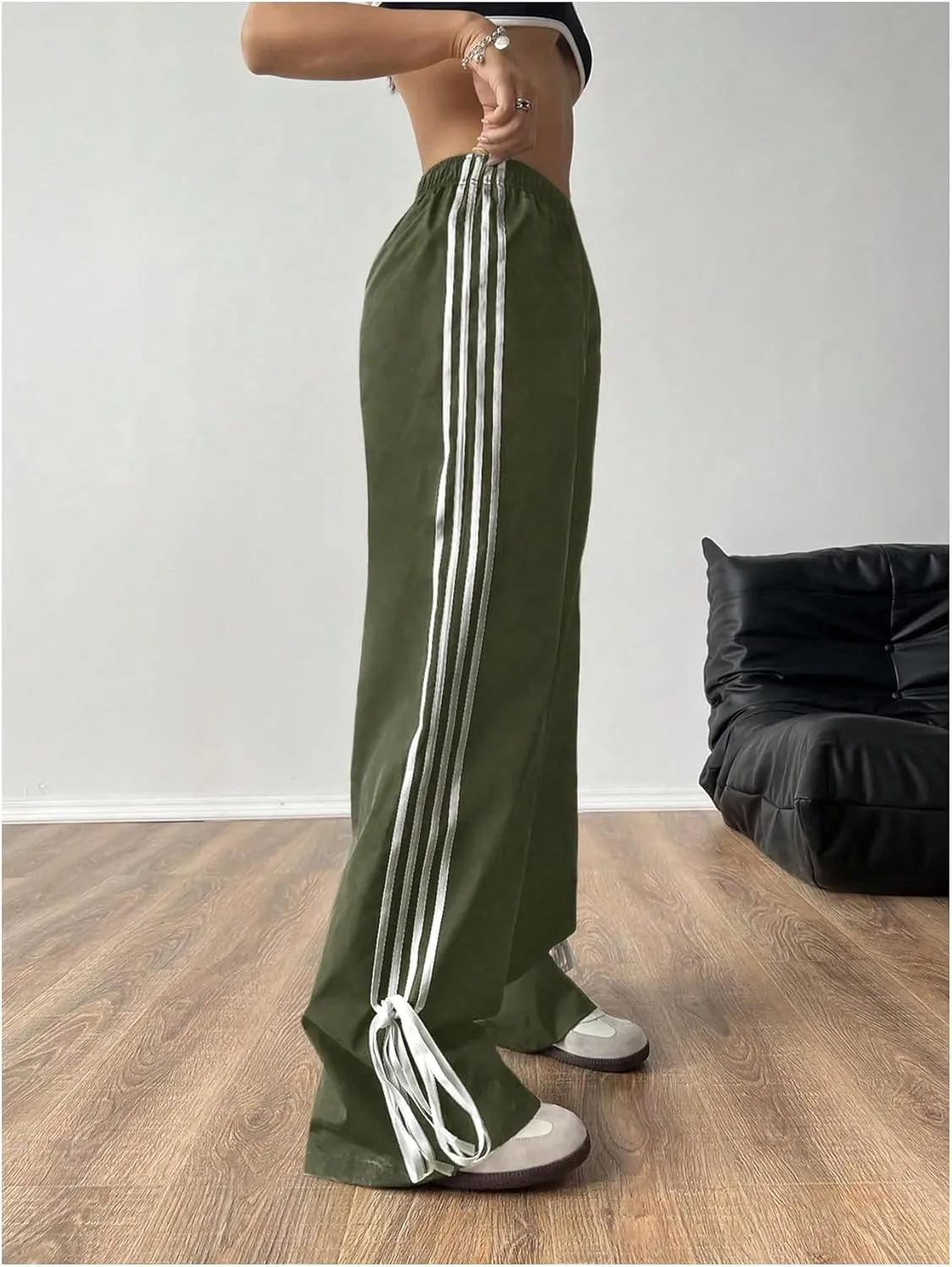 Verdusa Women's Loose Wide Leg Pants Tie Side Striped Elastic Waist Trousers