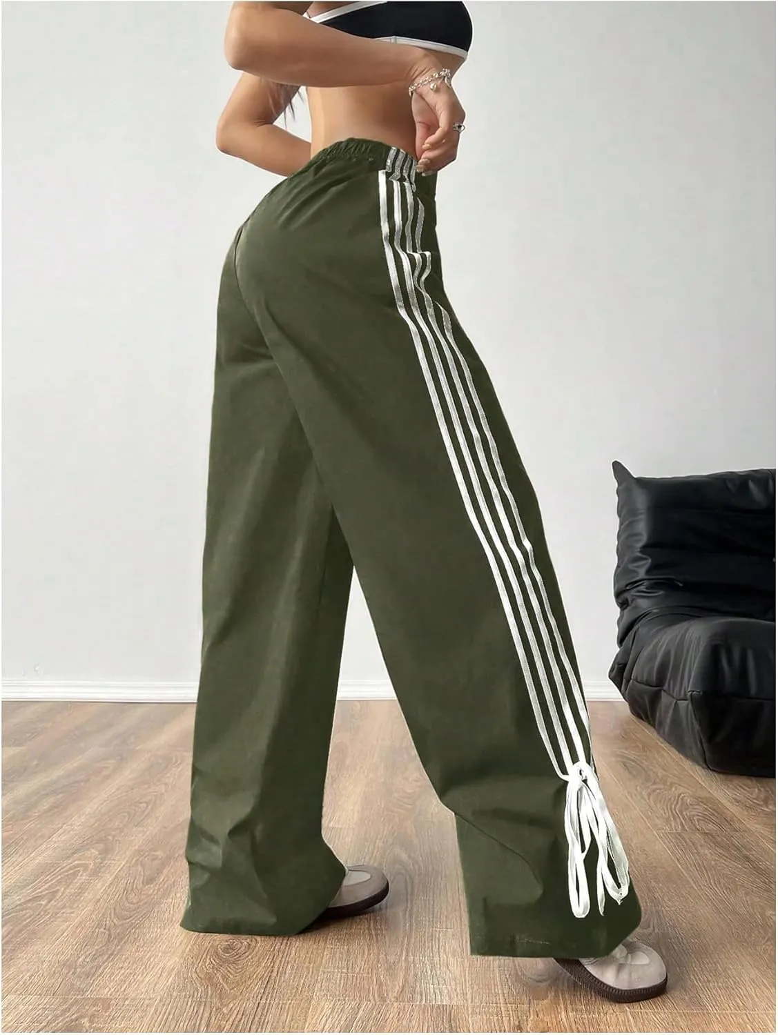 Verdusa Women's Loose Wide Leg Pants Tie Side Striped Elastic Waist Trousers