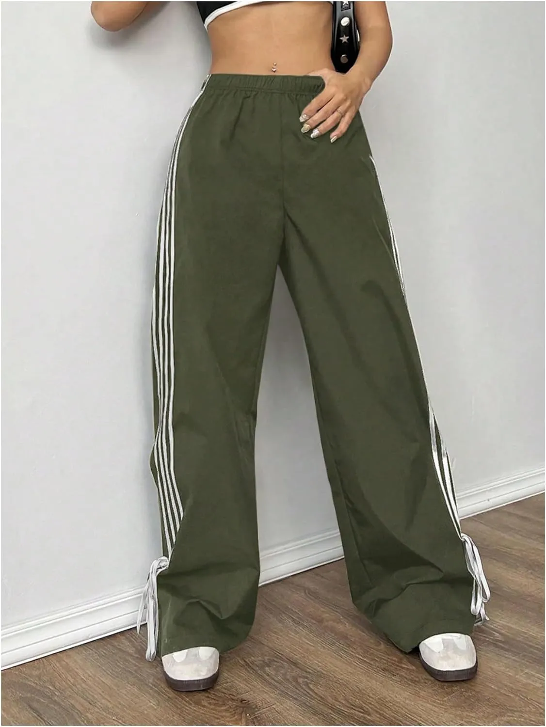 Verdusa Women's Loose Wide Leg Pants Tie Side Striped Elastic Waist Trousers