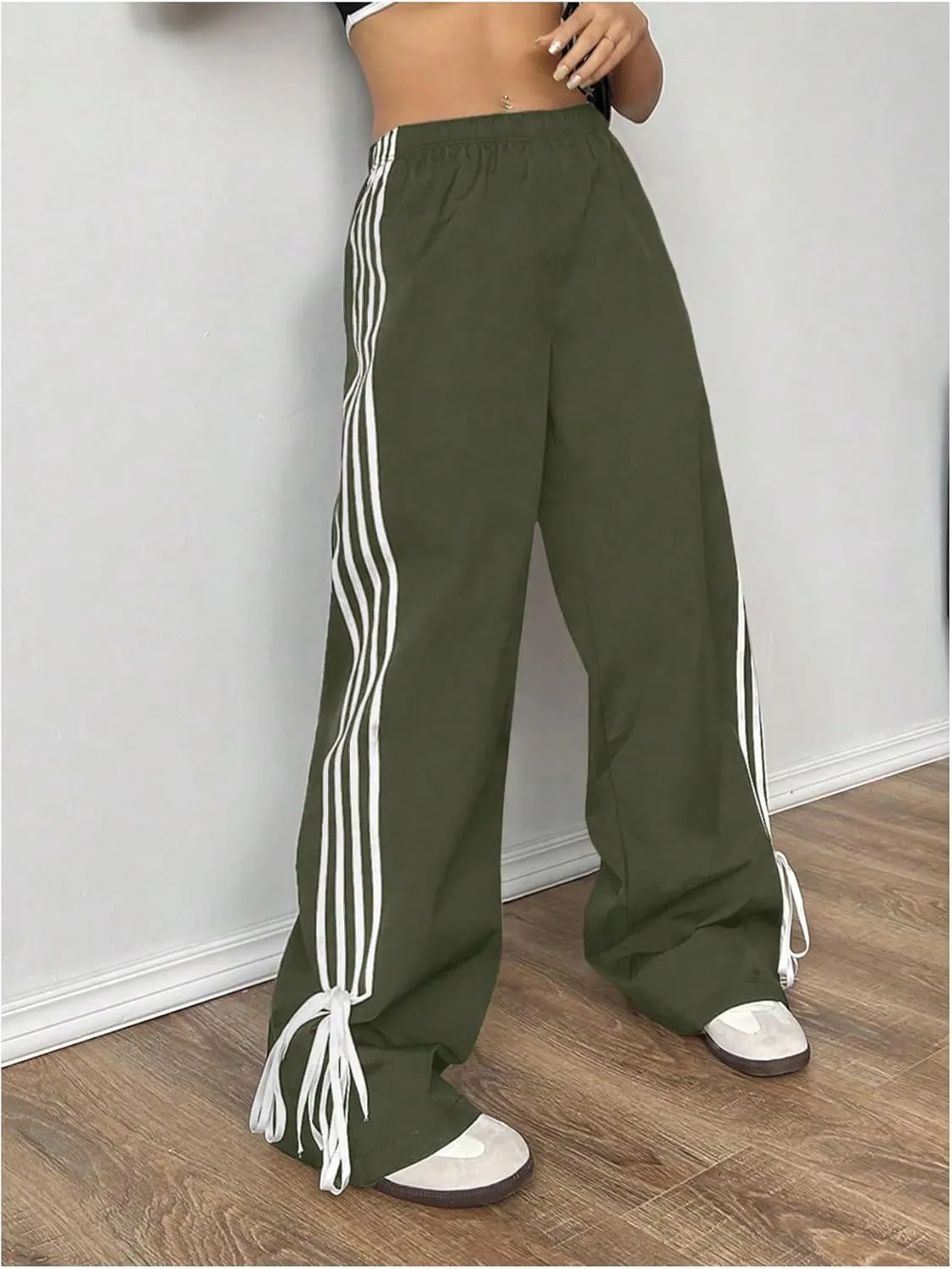 Verdusa Women's Loose Wide Leg Pants Tie Side Striped Elastic Waist Trousers